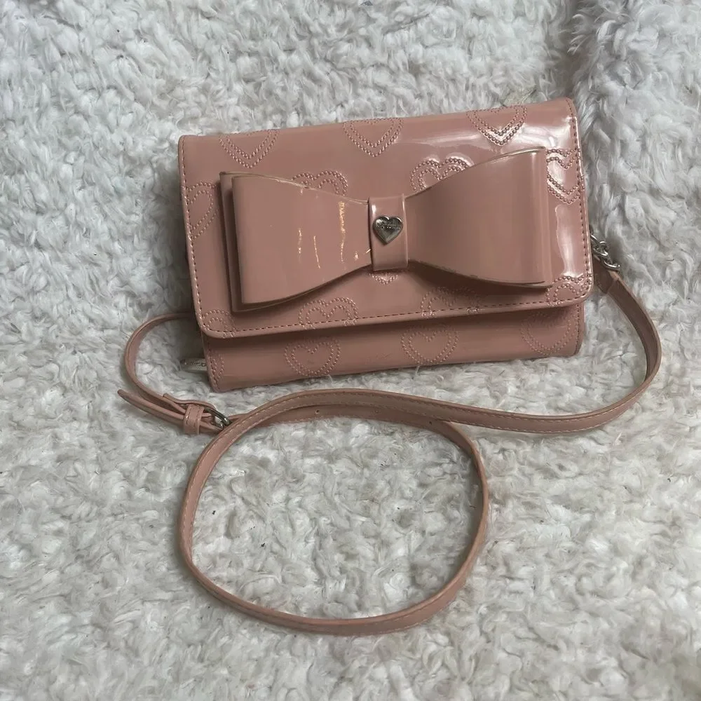 Betsey Johnson synthetic heart embossed pink  patent crossbody bag Bow accent
